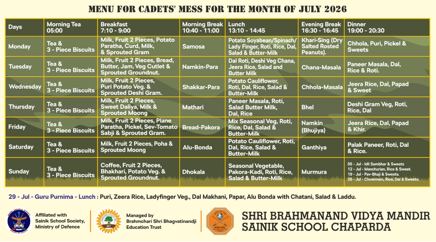 MESS MENU FOR MONTH OF JULY 2026
