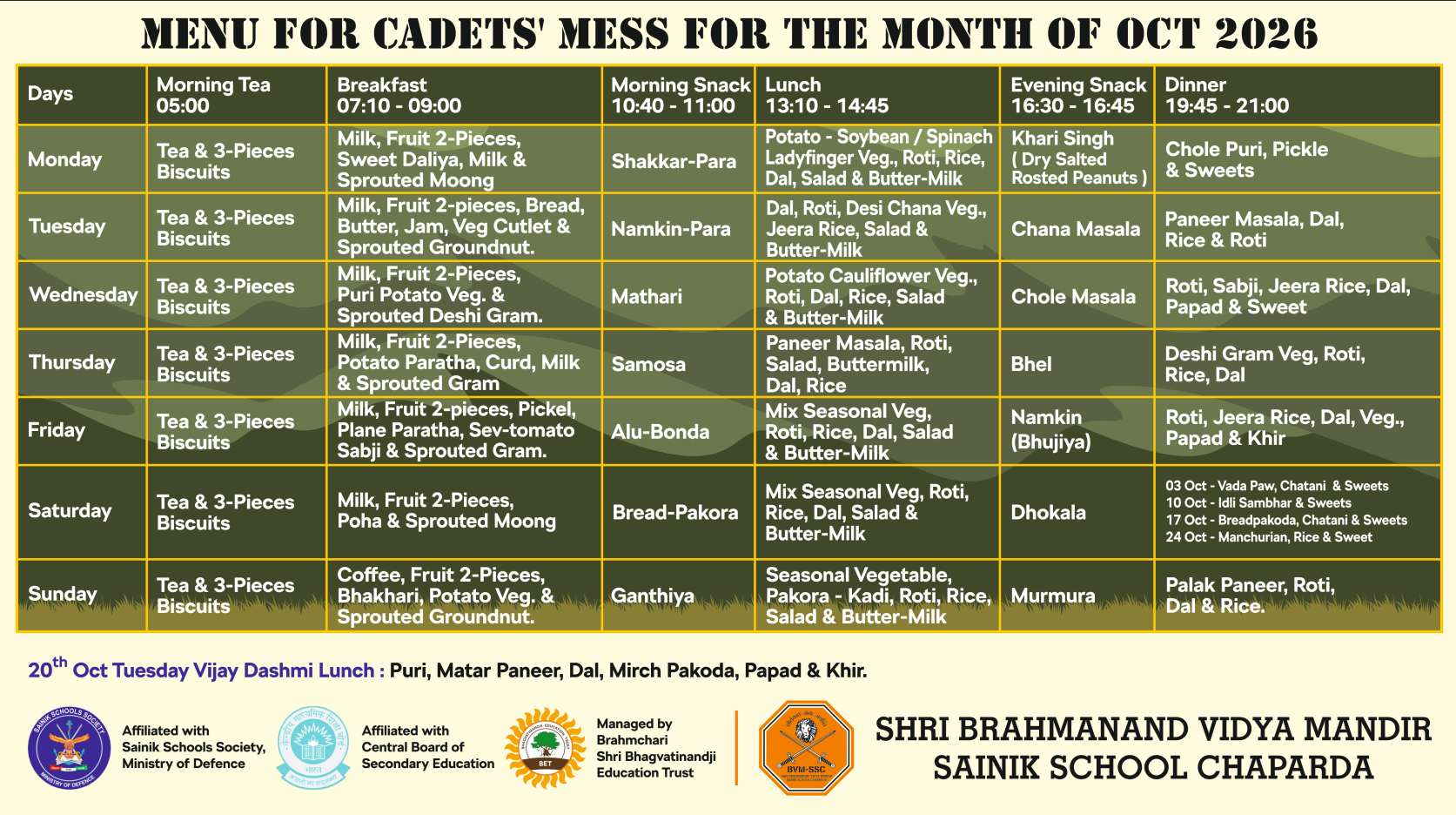 MESS MENU FOR MONTH OF OCTOBER 2026